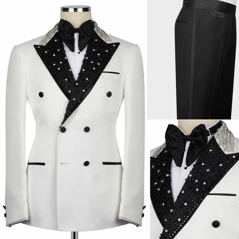 

Luxury Men Suit 2 Piece Jacket Pants Double Breasted Peaked Lapel Diamond Business Wedding Tuxedo Male Costume Homme