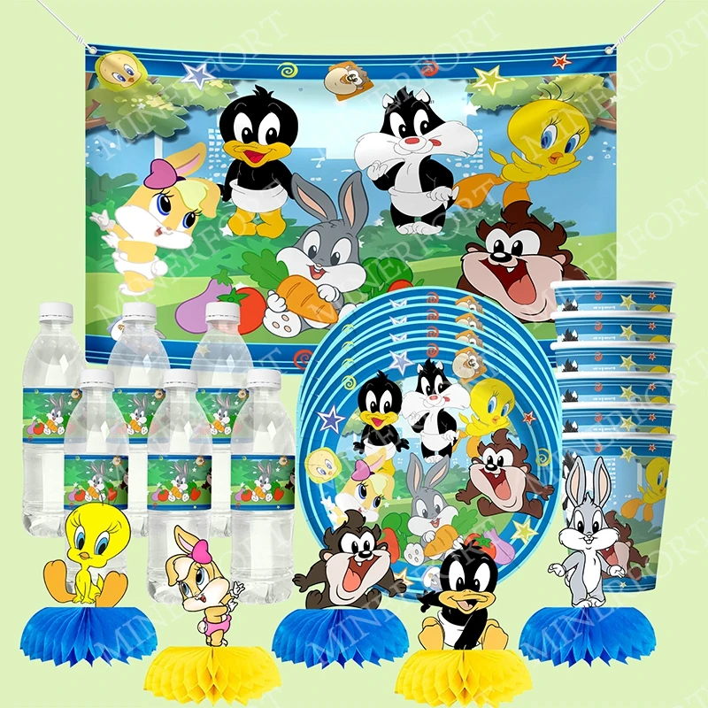 Pratos de Papel, Copos, Bandeiras e Adesivos em Formato de Favo de Mel com Tema Looney Tunes para Decorações de Festa de Aniversário, Utensílios Descartáveis