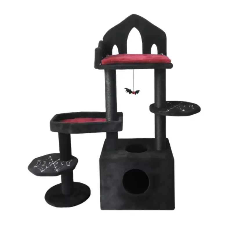 Wholesale Black Gothic Cat Tower Coffin Bed Condo Scratching Posts Spider Ball Multi-Level Furniture Halloween Cat Tree