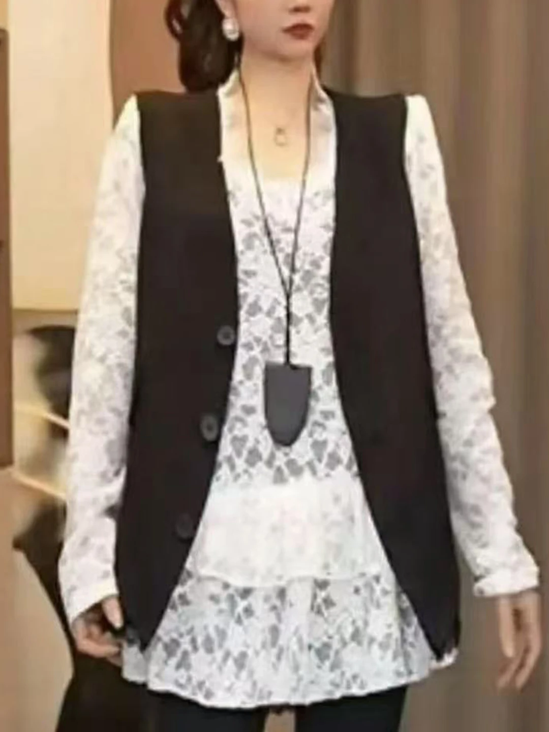 Ele ronde Ne Svel Lace Jaet damesvest Top Zwaar borduurwerk Splitsen Sle Pendelen Faion Enkele knoopsluiting