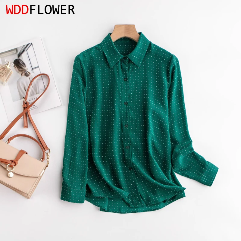 100% Mulberry Silk Women Long Sleeve Shirt Green Dots Printed Buttons Down Top Blouse office work ZY012