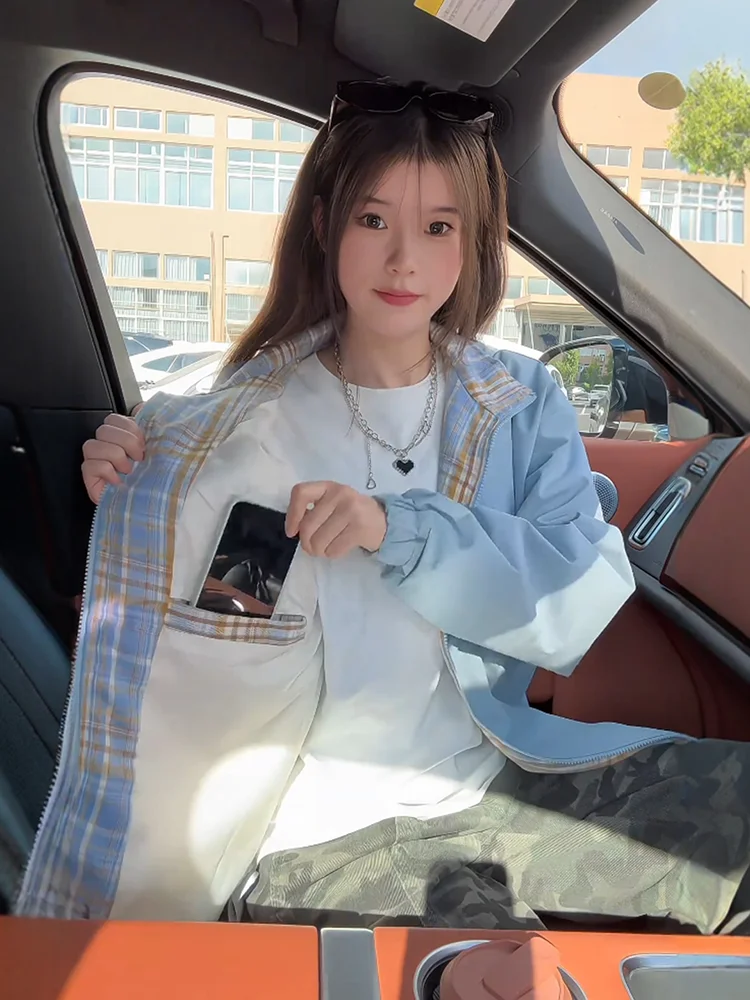 

Синяя куртка в клетку с лоскутным воротником в американском стиле, пилотская куртка, бейсбольная куртка для пар, свободный крой, длинный рукав