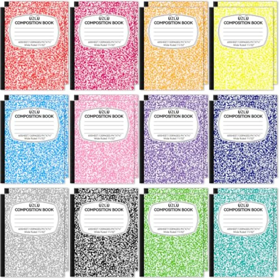 

Набор больших тетрадей для записей 9,75 x 7,5 дюймов, 12 цветов, широкие линованные тетради, мраморные блокноты, 60 листов в каждой.