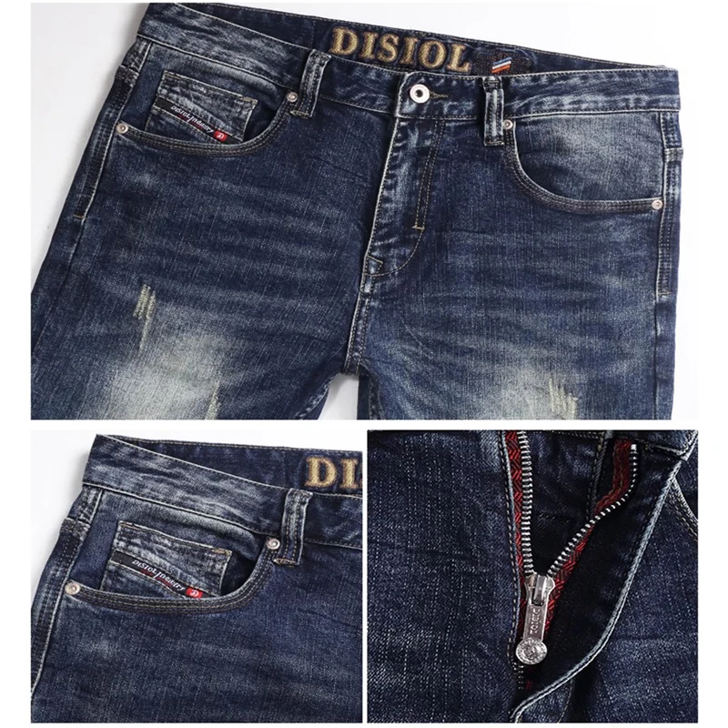 newY2K high-quality jeans, scratch washed, nostalgic, stretchy, slim fit, retro blue men's jeans, Italian designer, hip