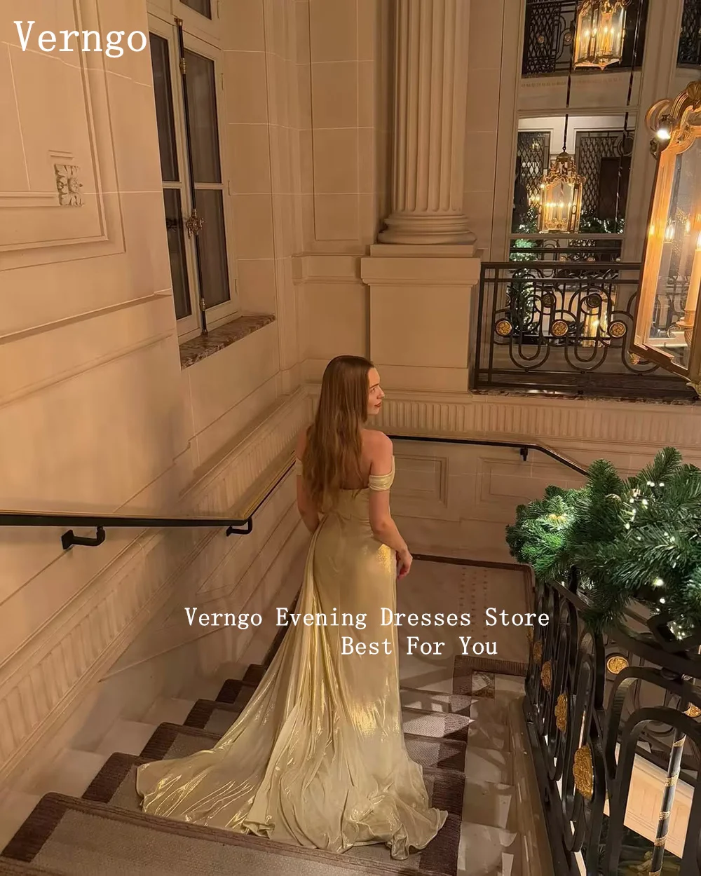 Verngo Champagne Glitteer Evening Dress Off The Shoulder Mermaid Prom Party Dress Elegant Dinnner Prom Gowns Customized