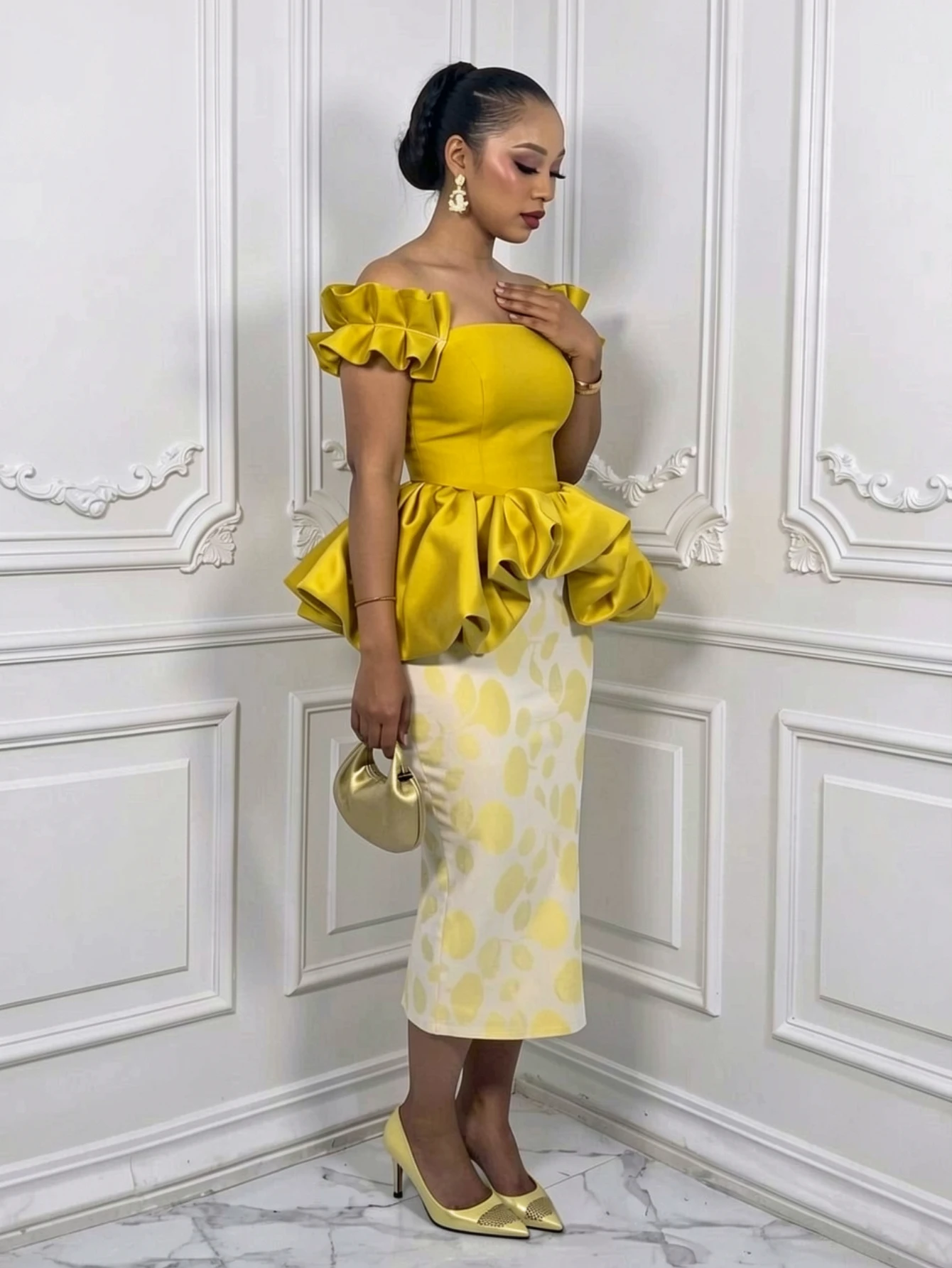 Women Off Shoulder Ruffle Sleeve Polka Dot Midi Dress Peplum Waist Bodycon Pencil Dress For Formal Evening Party Occasion view 2