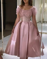 Ciynsia Pink A-Line Short Evening Dress Cap Sleeves Beaded Bodice Formal Party Gowns Women Arabic Luxury Prom Dresses with Cape