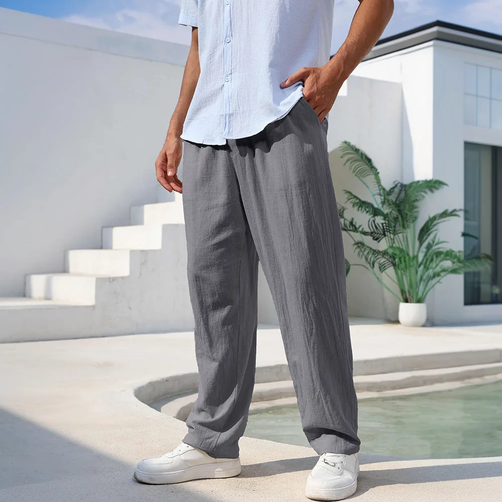 Baumwoll-Leinen-Hose für Herren, gerades Bein, leichte, atmungsaktive Strand-Stil-Hose, einfarbig, lässig, gemütlich, männliche Jogginghose – Detail 3