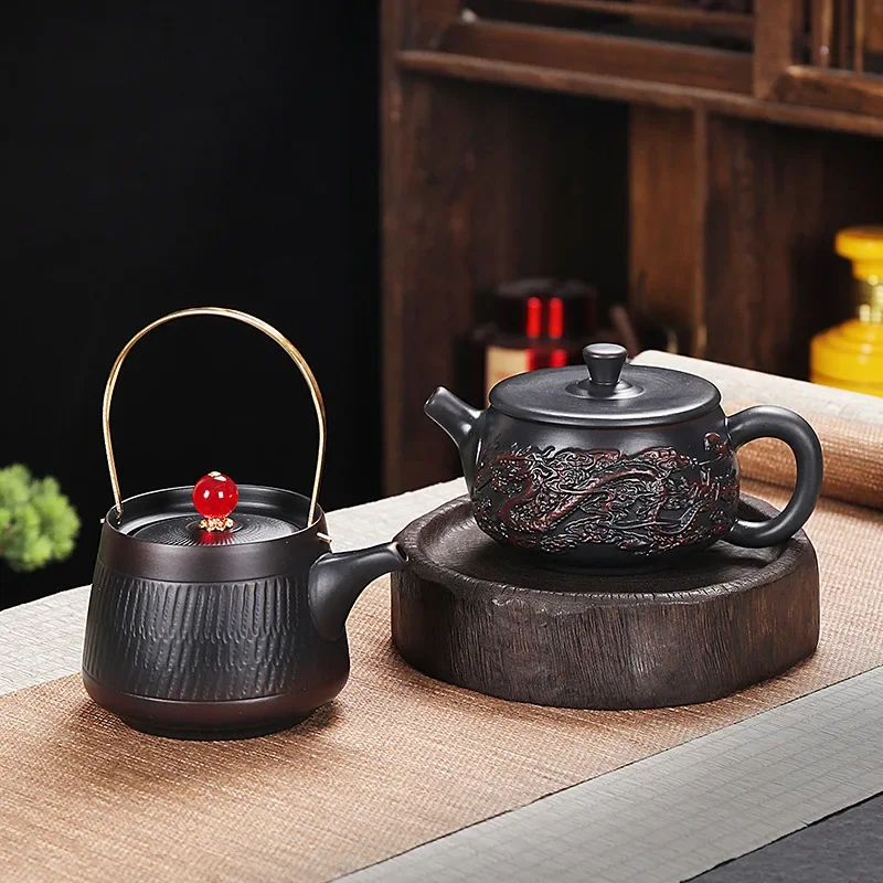 Dehua Purple Pottery Fully Handmade Jumping Knife Pattern Fengming Jinglan Pot Household Tea Set Teapot Retro Purple Pottery Pot