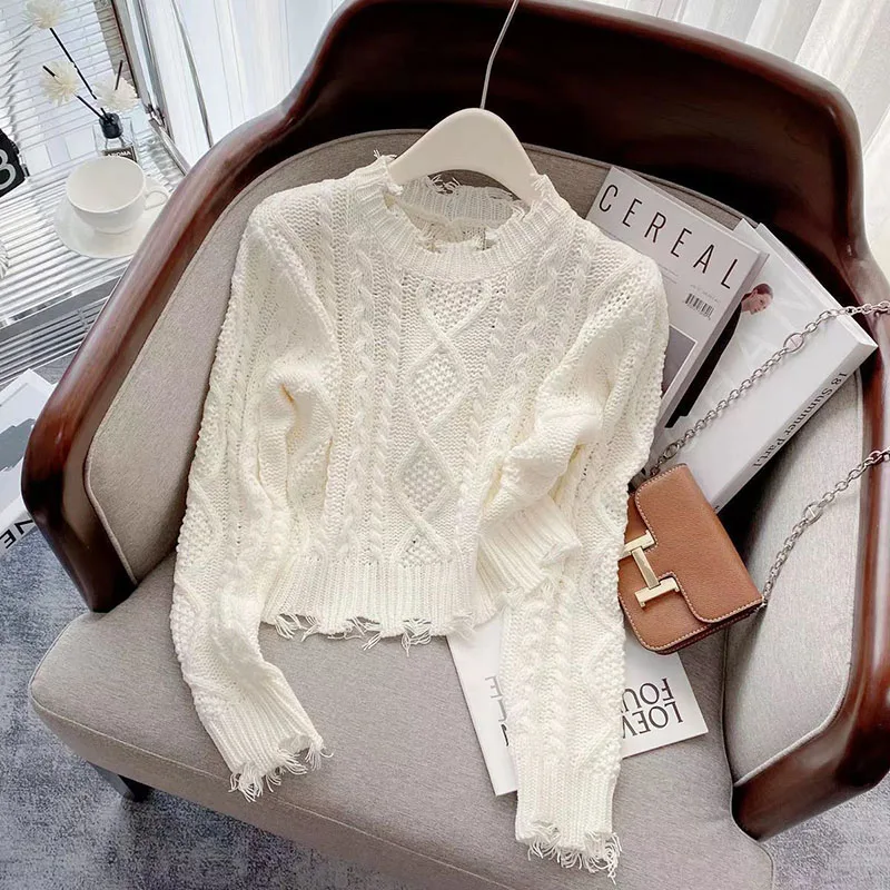 Fashion Ripped Knitted Black Sweater Female Pullovers 2023 Autumn Spring New Women Short Loose O Neck Pullover Sweater