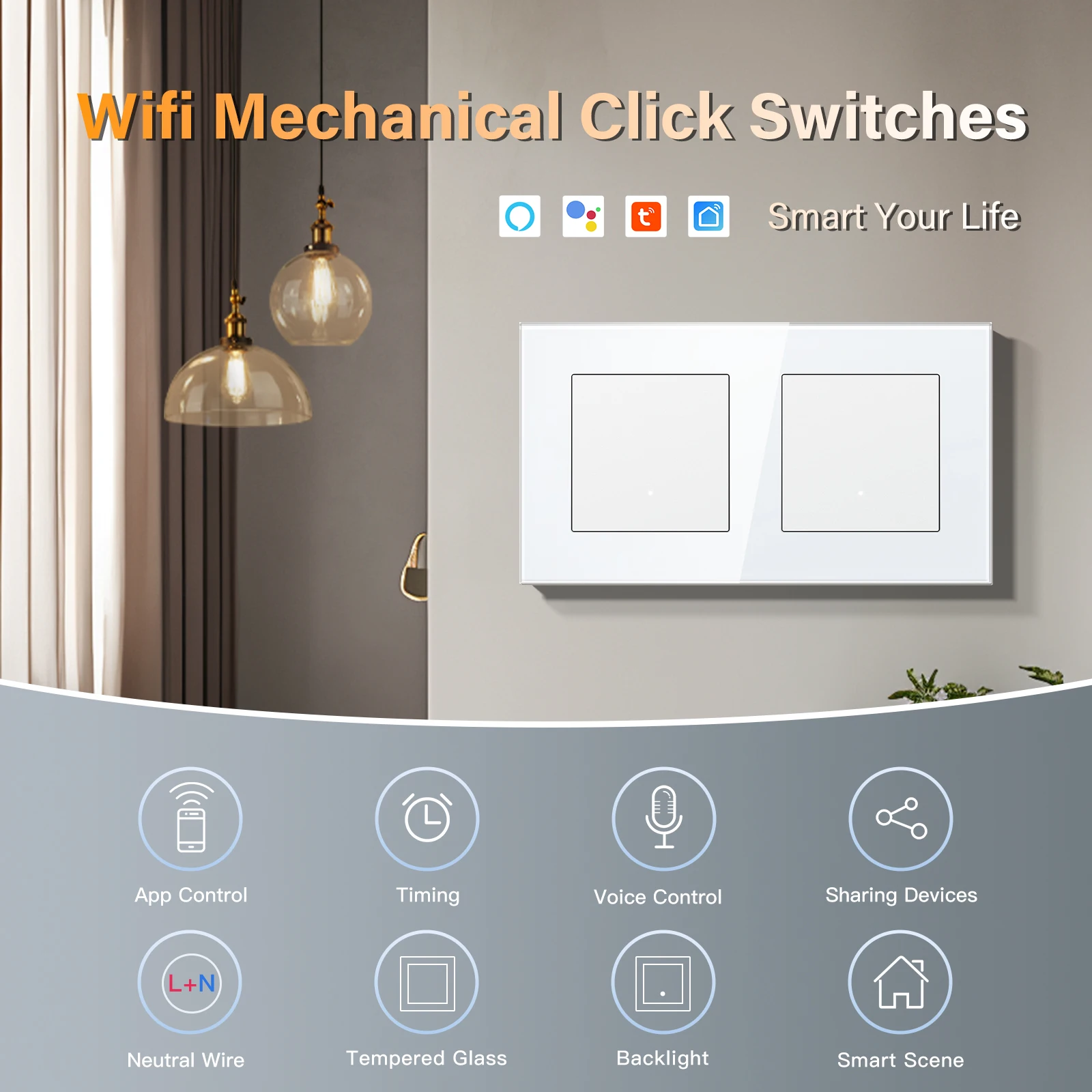 BSEED Wifi Light Switches Double 1/2/3/4Gang Smart Wall Switches Click Buttons Tuya Smart Life Alice App Control Glass Panel