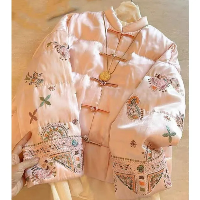 New Chinese-style Embroidered Cotton-padded Jacket  Women Winter High-end Elegant Featuring Stand-up Collar Button-down Buttons