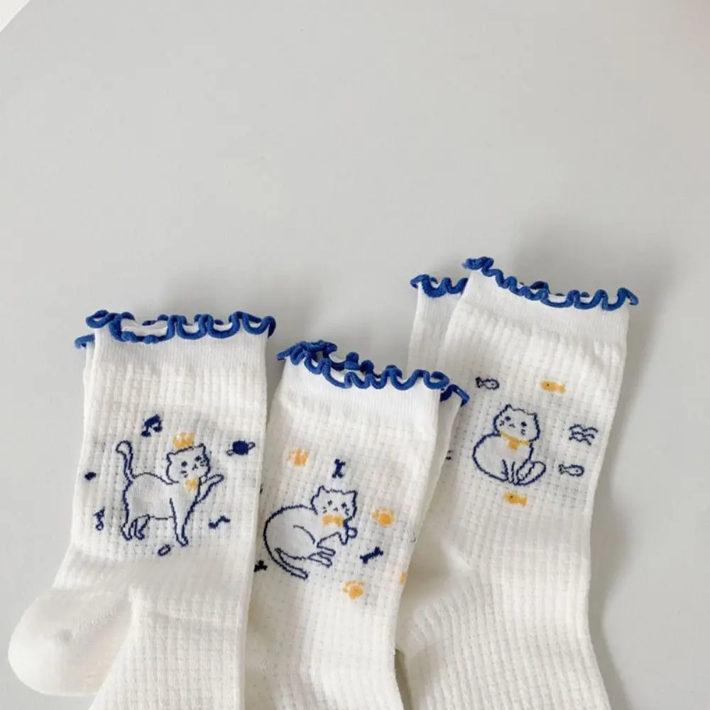 Cute Lovely Breathable Japanese Harajuku Solid Color Cotton Socks Cat Pattern Girls Mesh Socks Short Hosiery