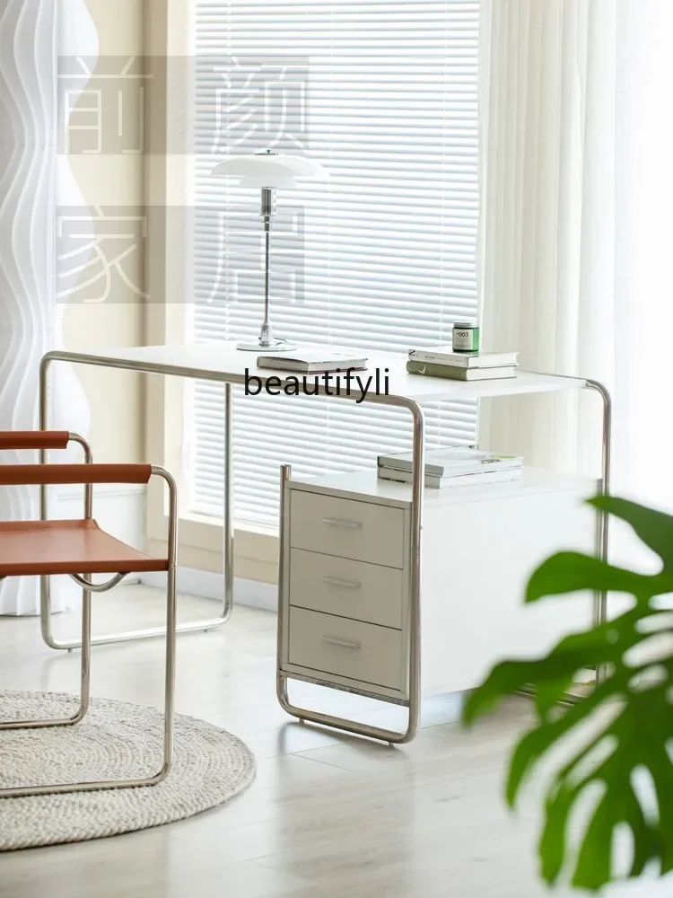 Bureau informatique moderne italien avec tiroirs, table d'écriture, bureau en acier inoxydable