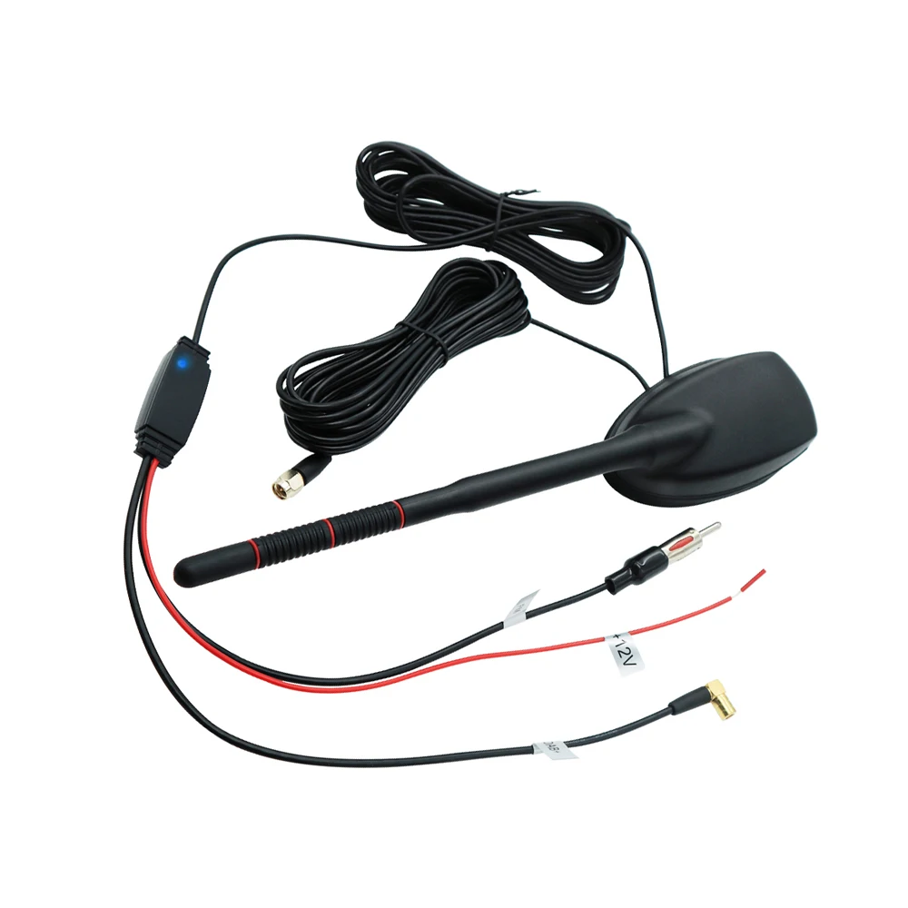 Antena samochodowa Podofo z wzmocnionym sygnałem, montowana przez otwór w dachu, kabel 5M, zintegrowany wzmacniacz sygnału GPS FM AM DAB, antena z wtyczką Din SMB SMA, uniwersalna samochodowa antena — 2