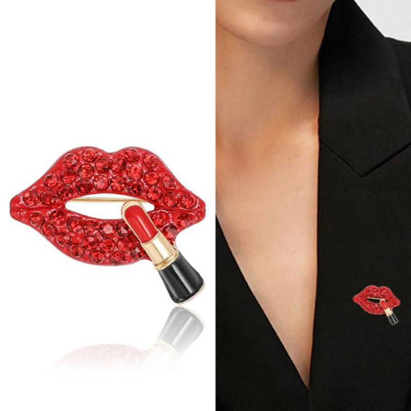 Fashion Sexy Lipstick Red Lips Rhinestone Brooches For Women Clothing Coat Accessories Gifts