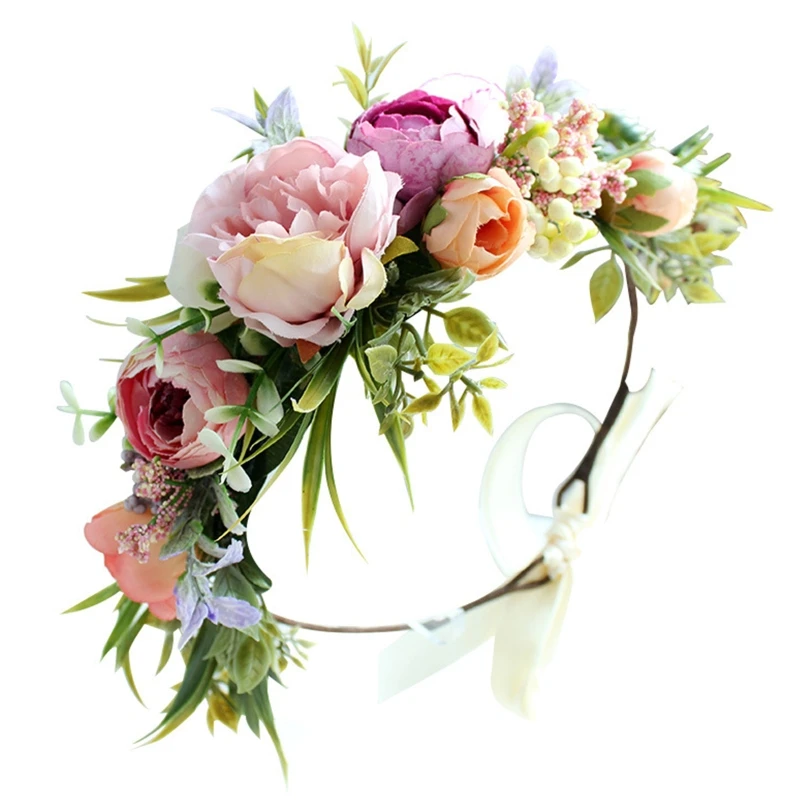 

Floral Crowns for Women Wedding Party Adjustable Ribbon Hair Hoops N58F