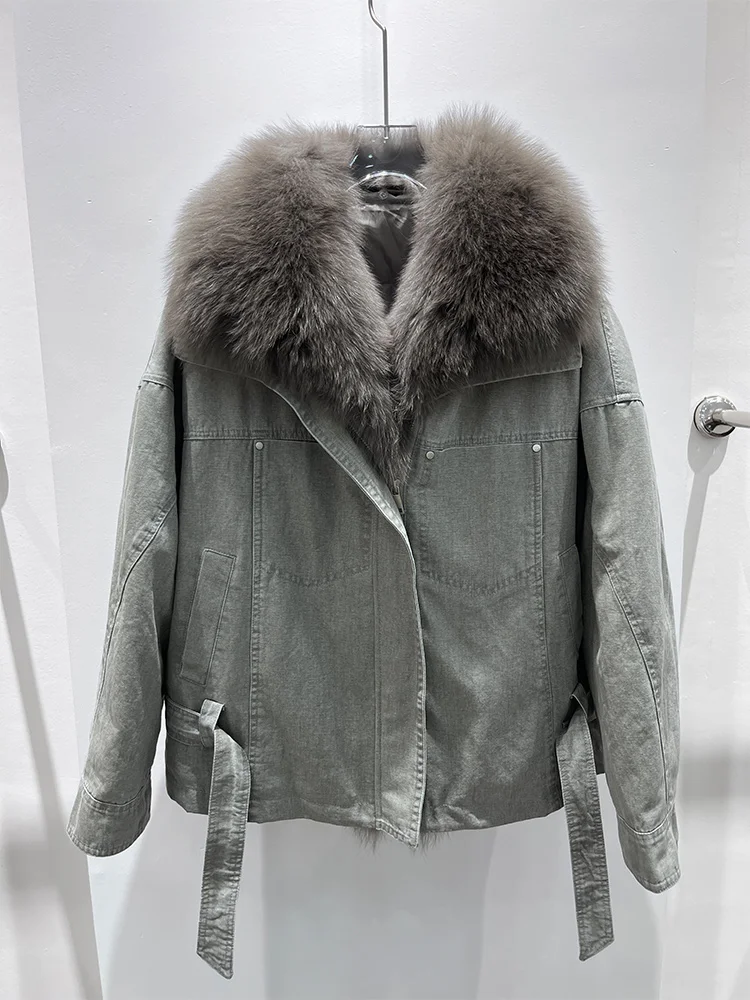 새로운 럭셔리 겨울용 여성 구스 다운 재킷 리얼 폭스 퍼 칼라 두꺼운 파카 푸퍼 재킷 아우터 여성 데님 코트