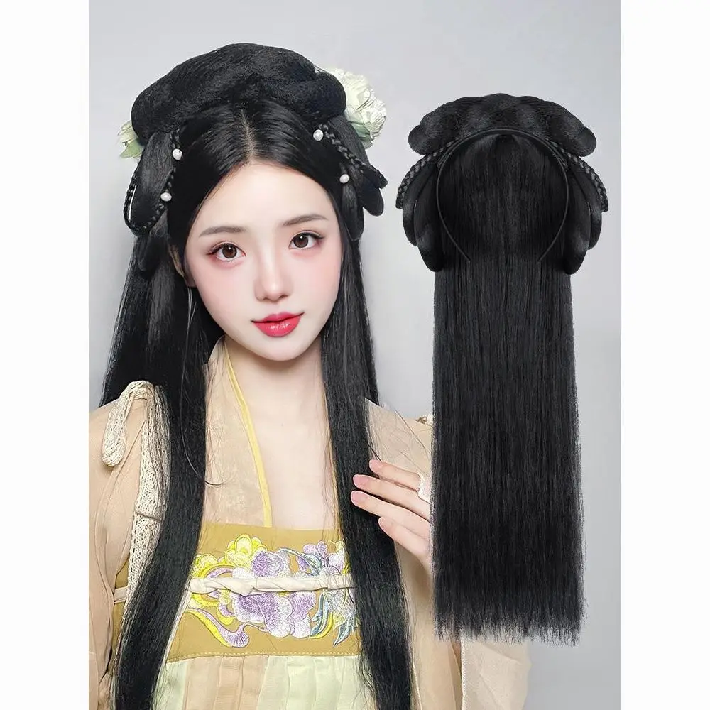 Hanfu Hair Accessory All-in-One Wig Bun Hairband | Pre-Styled Lazy Updo Set | Heat Resistant Fiber for Women Cosplay Costume