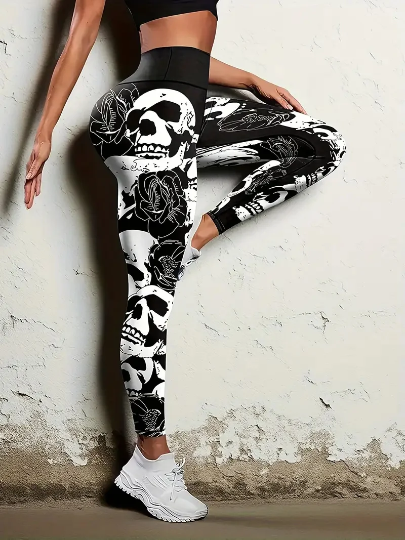 3D Printed Skull Graphic Women's Yoga Pants Fashion Cool Gothic Style Elastic Legging Outdoor Running Sports Casual Fitness Pant