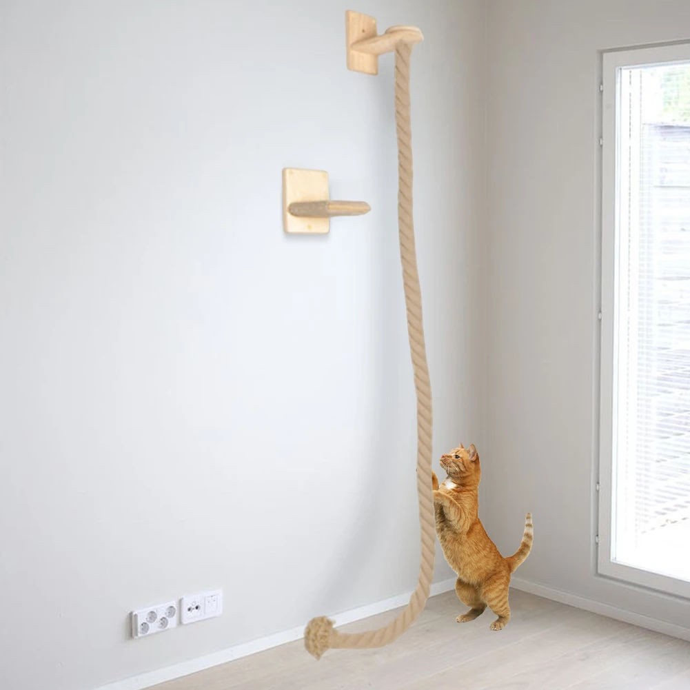 Climbing Training Rope with Wood Platform Wall Mounted Rope Claw Grinding Tool for Cat Furniture Scratcher Play Equipment
