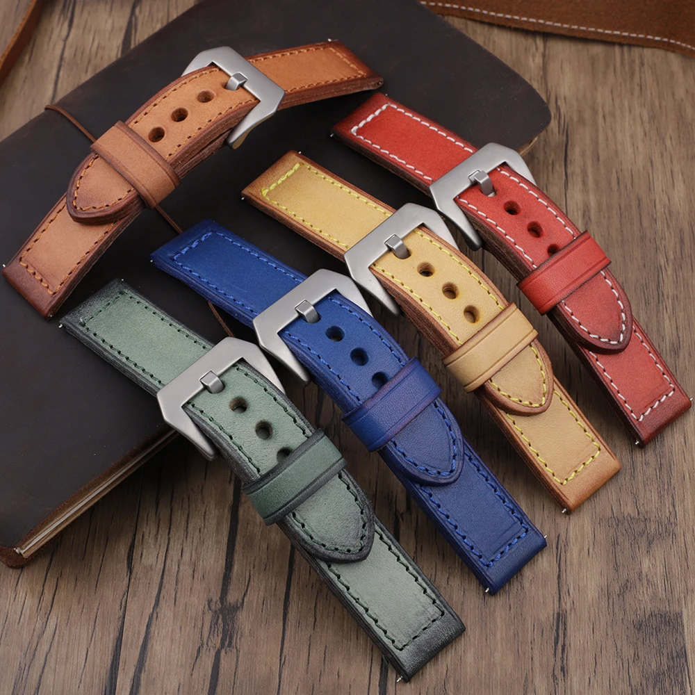 Vintage Watch Straps Leather Stainless Steel Buckle Watch Strap Belts Wistband Bracelet for Panerai 20mm 22mm 24mm