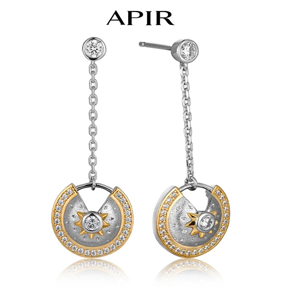 

APIR винтажные серьги-подвески с солнечным кругом для женщин, французский комплект, двухцветные серьги с цирконием и филигранной гравировкой, вечерние висячие серьги