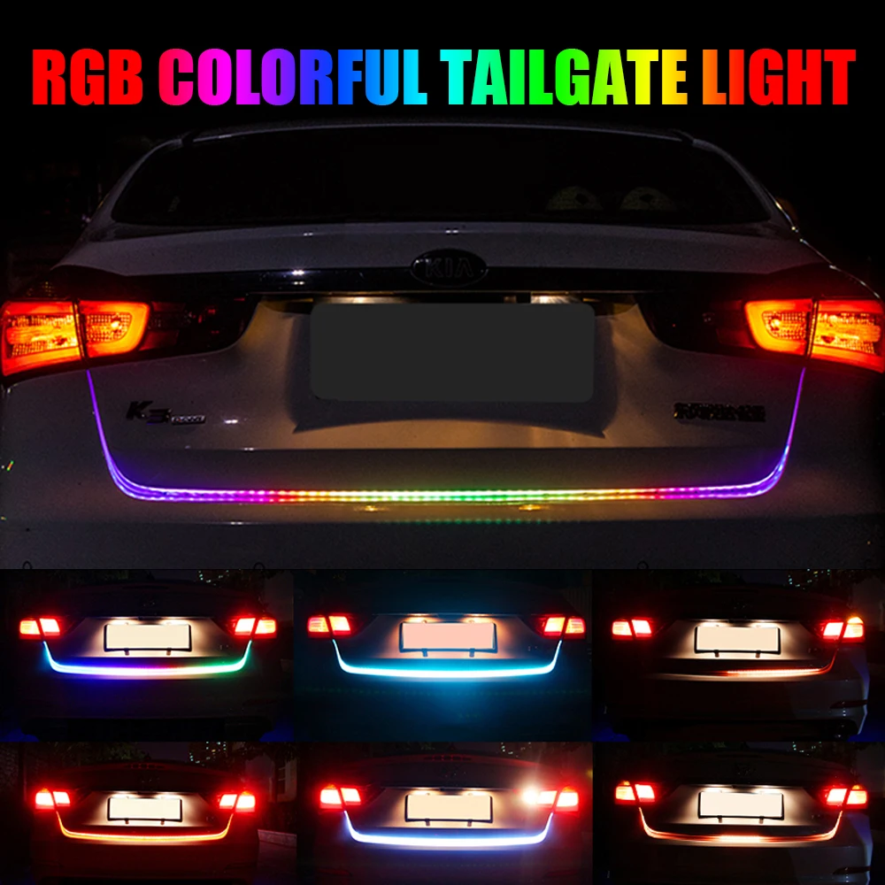 

OKEEN 120cm RGB Colorful Led Tailgate Lights Strip For Car Rear Trunk Tail Light Dynamic Flowing Driving Reverse Signal Lamp 12V