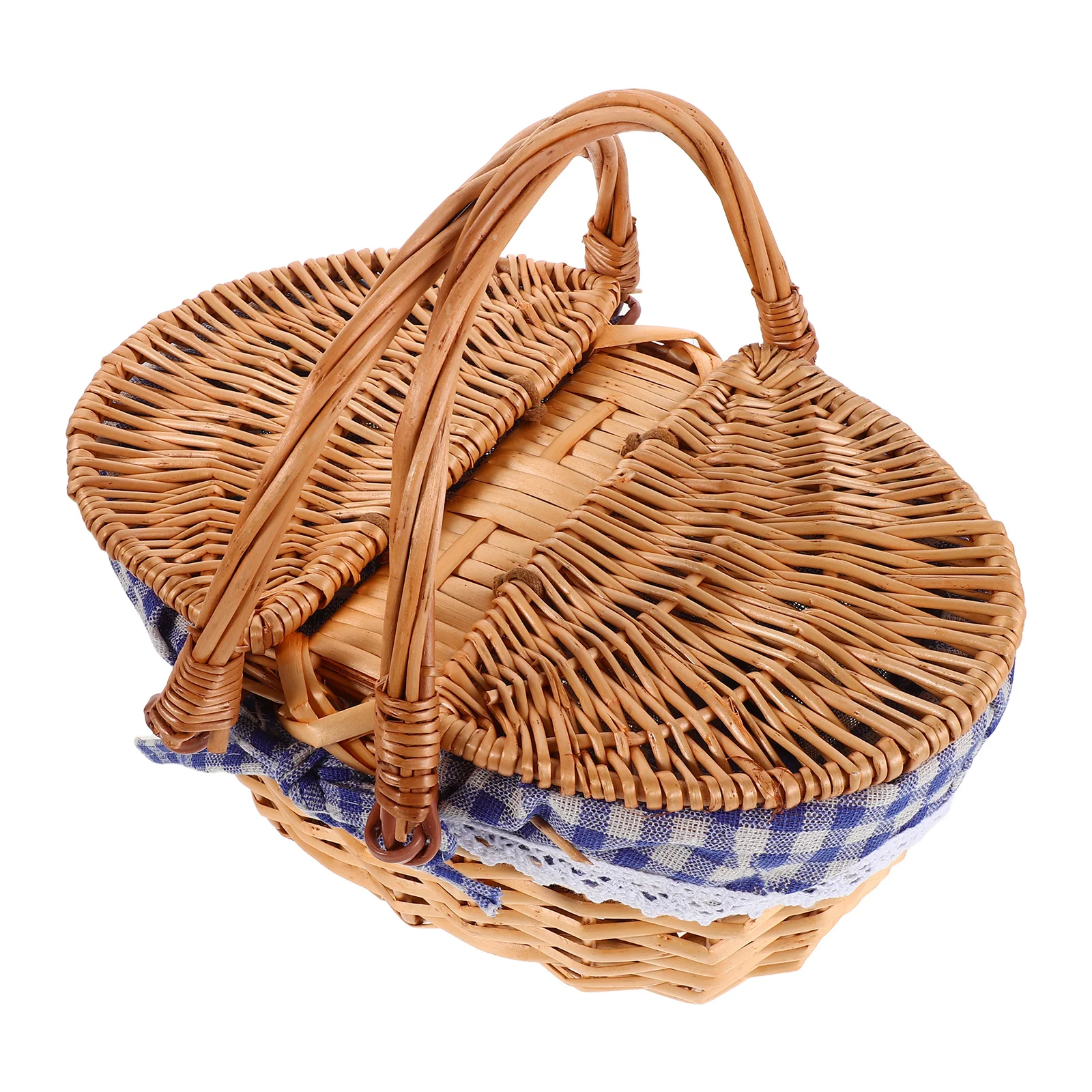 

Stylish Lace Trimmed Picnic Basket Double Handle Design Small Rattan Hamper for Independence Pretend Play Outdoor