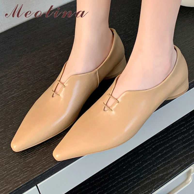 

Meotina Women Genuine Leather Flats Pointed Toe Concise Design Ladies Fashion Casual Shoes Spring Autumn Apricot Black Khaki 44