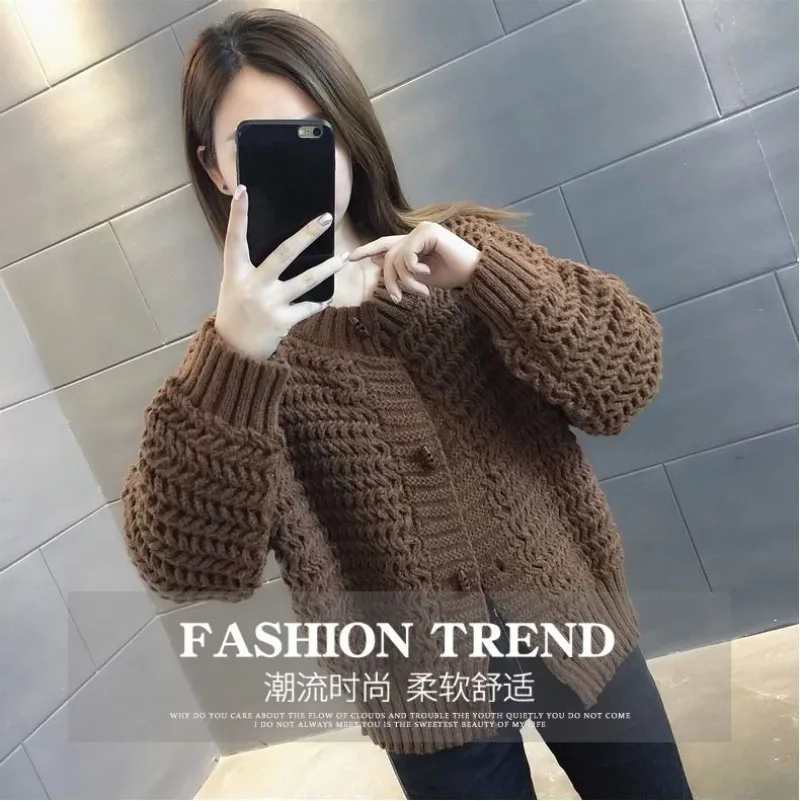 

2026 Autumn New Women's Clothing Short Knitted Sweater Jacket Female Solid Color Round Neck Loose Outer Sweater Cardigan Top