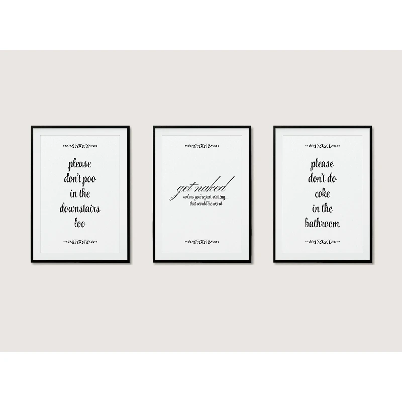 3pcs Modern, Stylish Bathroom Art Posters with Humorous Quotes | Frameless Canvas Art | Home Bathroom Decor