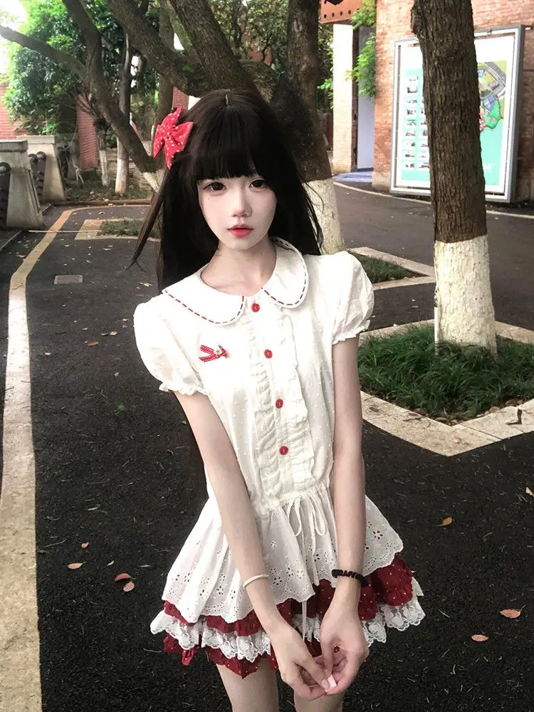 

2000s Harajuku Vintage Sweet Suits Y2k Japan Style Kawaii 2 Piece Skirt Sets Women Lolita Short Sleeve Matching Sets Summer Chic