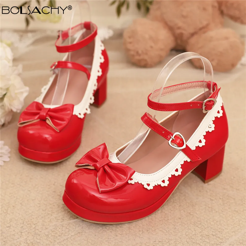 Sweet Girls Patent Leather Lolita Ruffles Shoes Women Bride Wedding Party Platform Mary Janes Pumps Ankle Strap Mid Heels Pink