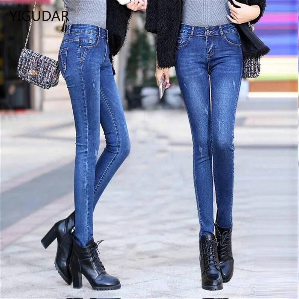 Jeans Skinny Pinggang Rendah Mode Wanita Denim Tergores Diputihkan Pakaian Celana Panjang Celana Ramping Antik Push Up Biru untuk Wanita