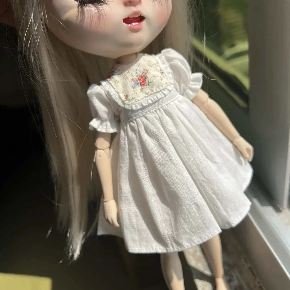 ICY DBS Blyth 30CM 1/6 Doll Clothes OB24 New Azone White Long Sleeve Floral Dress Gown Doll Dress Gift Girl Toy Anime Clothes