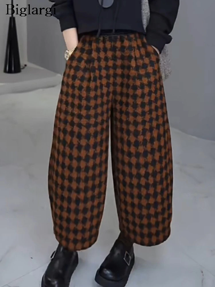ฤดูใบไม้ร่วงฤดูหนาว Houndstooth ลายสก๊อตกางเกงผู้หญิง Retro แฟชั่น Elastic เอวกางเกงสุภาพสตรีขนาดใหญ่หลวมผู้หญิง Harem กางเกง