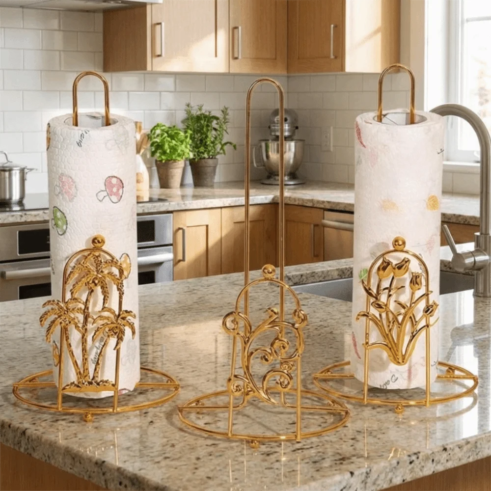 Retro Iron Tree Paper Towel Holder Gold Free Standing Roll Paper Towel Holder One-handed Tear Decorative Tissue Stand Kitchen