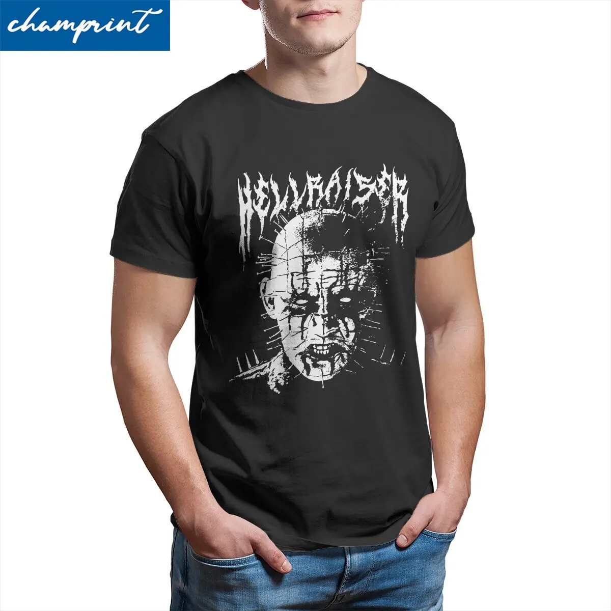 Black Metal Pinhead Hellraiser T Shirts Men Pure Cotton Unique T-Shirts Crew Neck  Tee Shirt Short Sleeve Clothes Classic