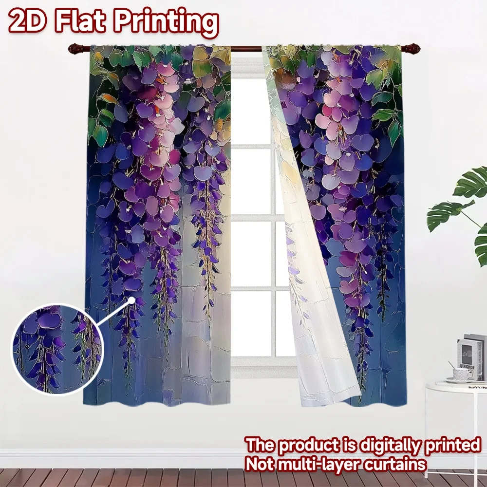 2D flat 2pcs Curtain Modern Minimalist Style Purple Wisteria Cascade Digitally printed polyester Family Party Decoration Perfect