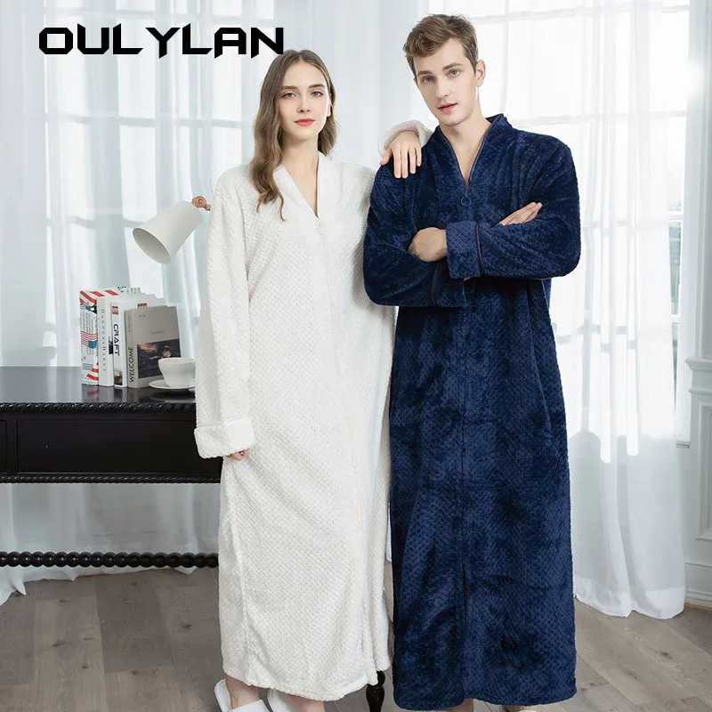 Winter Mens Casual Long Sleeve Pajama Set Couple Flannel Padded Bathrobe Men's Loose Fleece Loungewear Coral Fleece Nightgown