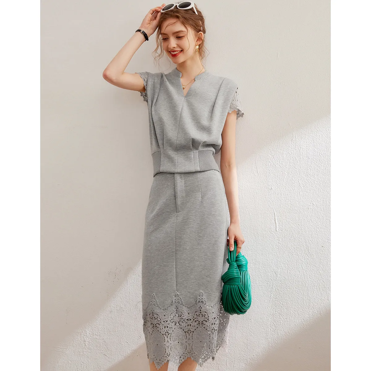 LOUIS YAO Women Two Pieces Dress Set 2024 Summer V Neck Short Sleeve Office Lady Fashion Hollow Out Set