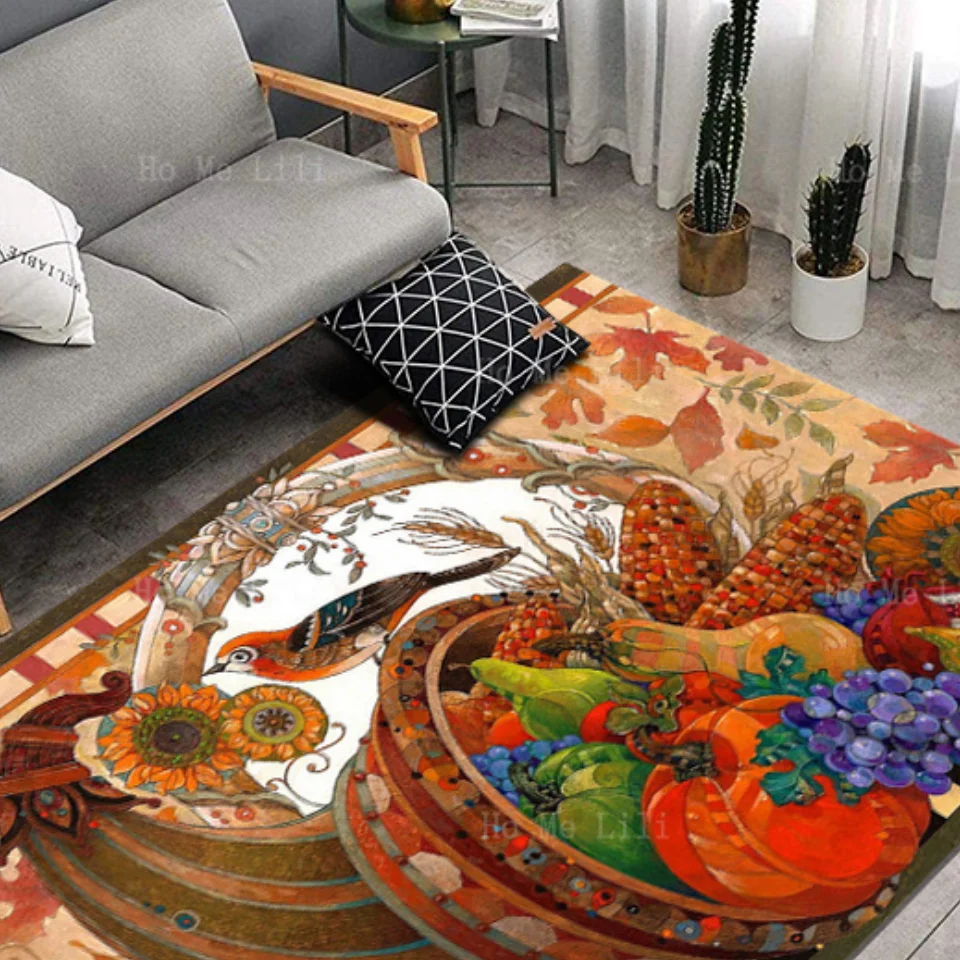 Pumpkins, Gourds And Grapes Fill This Cornucopia Of Folk Art Non Slip Flannel Floor Rugs By Ho Me Lili