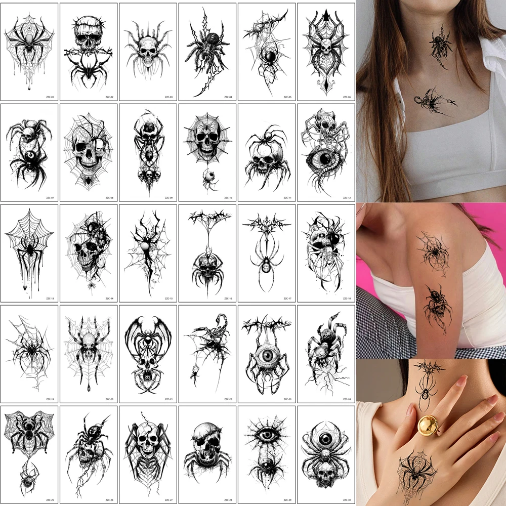 30 Stück wasserdichte Spinnen-Tattoo-Aufkleber, realistischer Totenkopf, temporäre Tattoos für Halloween, Party, Hals, Gesicht, Körper, Dekoration, Fake-Tattoo