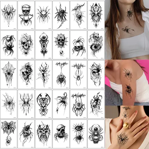 30pcs Waterproof Spider Tattoo Stickers Realistic Skull Temporary Tattoos for Halloween Party NecK Face Body Decor Fake Tattoo