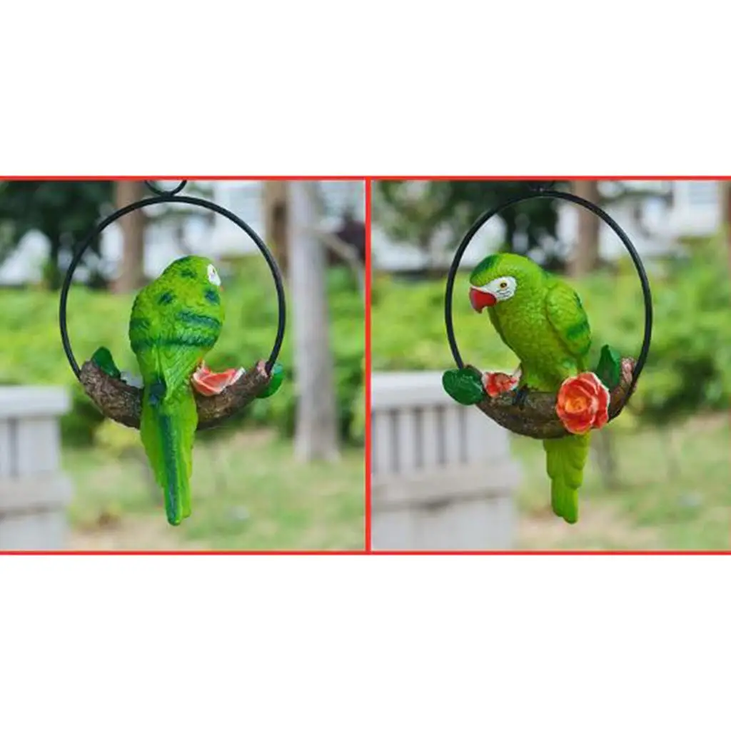 Hanging Resin Artificial Parrot Statue Perch on Metal Ring Garden Decor C