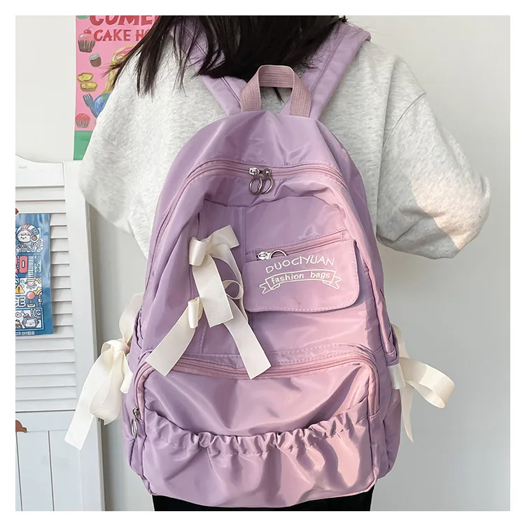 Women Japanese Sweet Backpack Ladies Cute Hit Color Bow  Large Capacity Travel Mochila College Style Student School Bag