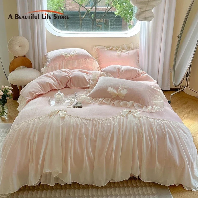 

Pink Romantic Lace Ruffles with Bow, French Princess Bedding Set, Plush, Warm Velvet, Fleece Duvet Cover, Bed Sheet, Pillowcases