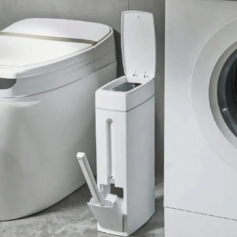 

Bathroom Crevice Trash Can Space Saving Press Trash Can with Toilet Brush Narrow Garbage Can Bin Garbage Container