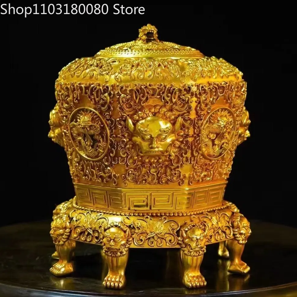 21cm Copper Antique carving Four elephant Baoding incense burner Chinese creative incense burner Large